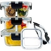 Nafhone 3 Pack Bariatric Meal Prep Containers, 8oz Glass Snack Containers | Glass Bariatric Portion Control Containers with Two 4 oz Compartments, Reusable Lunch Box Bento Box with Lids,Black