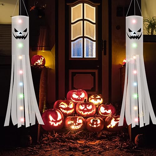 Jsdoin 180CM Halloween Ghost Windsocks Flag with 2M LED Colorful Lights 2 PCS, Hanging Halloween Ghost Decoration Outdoor, Flag Wind Socks Décor for Yard Garden Door Lawn Dead Tree Party Supplies