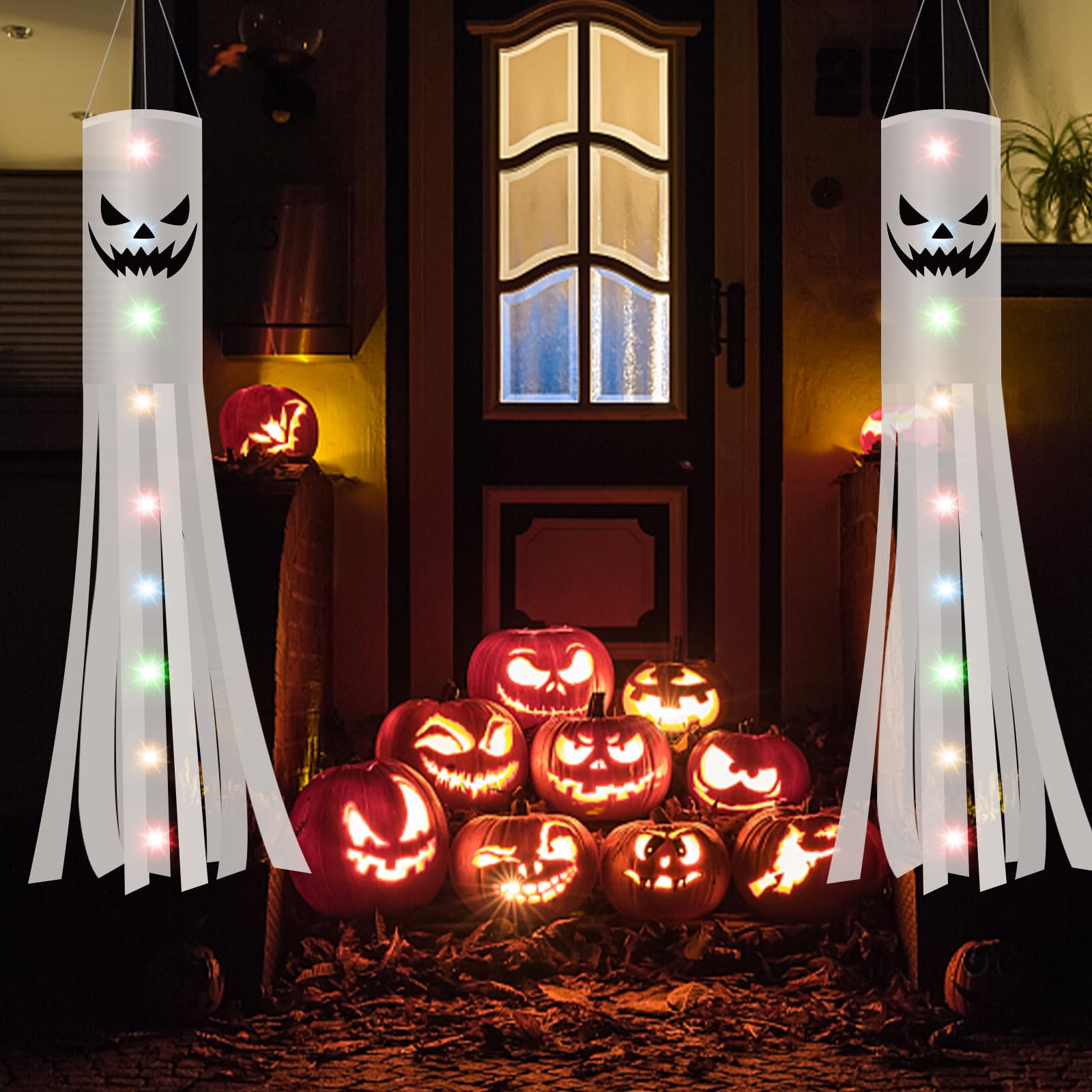 Jsdoin 180CM Halloween Ghost Windsocks Flag with 2M LED Colorful Lights 2 PCS, Hanging Halloween Ghost Decoration Outdoor, Flag Wind Socks Décor for Yard Garden Door Lawn Dead Tree Party Supplies