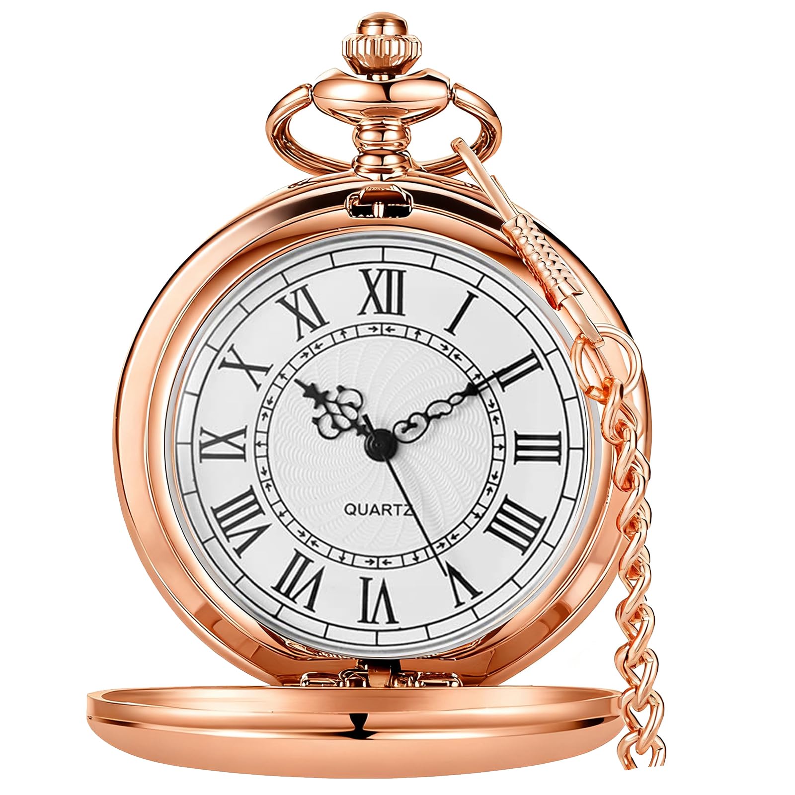 Tiong Vintage Pocket Watch with Chain Smooth Steel Unique Roman Numerals Quartz Pocket Watches with Chain Clip for Men