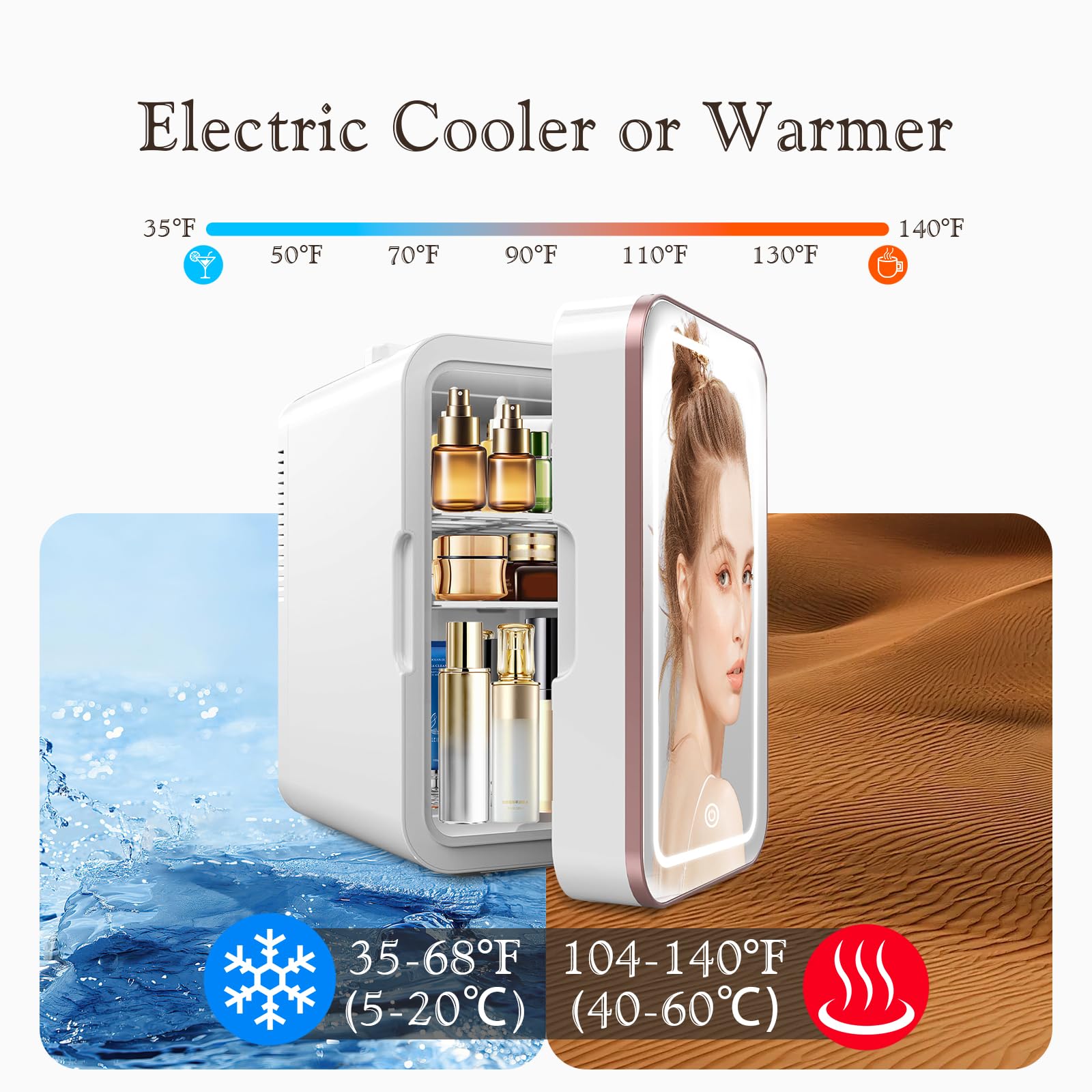 Skincare Fridge, 6L/10 Can Mini Fridge for Bedroom with Dimmable LED Mirror, Portable Cooler & Warmer Small Compact Refrigerator for Skincare, Cosmetics, Bedroom and Office, White