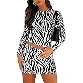 Women's Two Piece Skirt Sets - Long Sleeve Crop Tops and High Waisted Mini Y2K Bodycon Pencil Skorts Skirts with Shorts