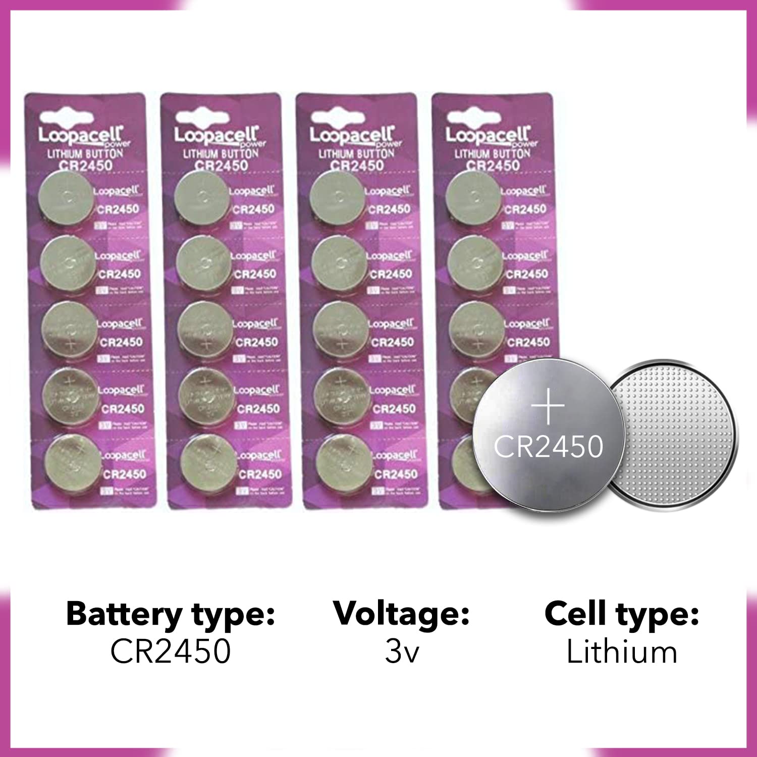 LOOPACELL CR2450 3V Lithium Battery (Pack of 20) High Capacity Coin