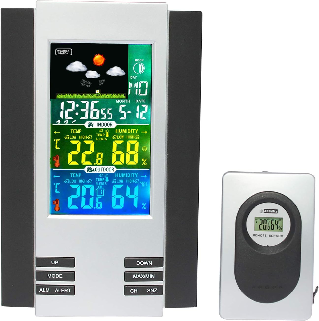 JIMEI Wireless Weather Station with Indoor/Outdoor Wireless Sensor and USB Charge Port Weather Station Clock with Color Icons for Forecasting Temperature with Alerts Humidity 126G