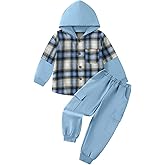 Luckrizyy Toddler Boy Clothes Fall Winter Outfits Kids Plaid Hooded Shirt Tops & Sweatpants Boys Sweatsuit 2PCS 3-8Y