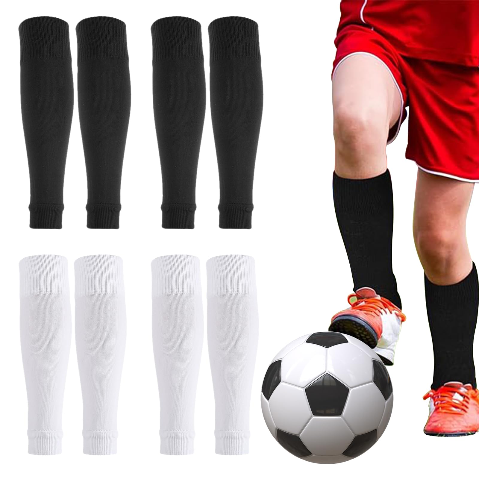 EEPLUYTY 4 Pairs Of Football Sock Sleeves, Sockless Football Socks, Sleeves Soccer Shin, Football Socks To Mid-Calf, Suitable For Football, Basketball And Other Sports (White + Black)