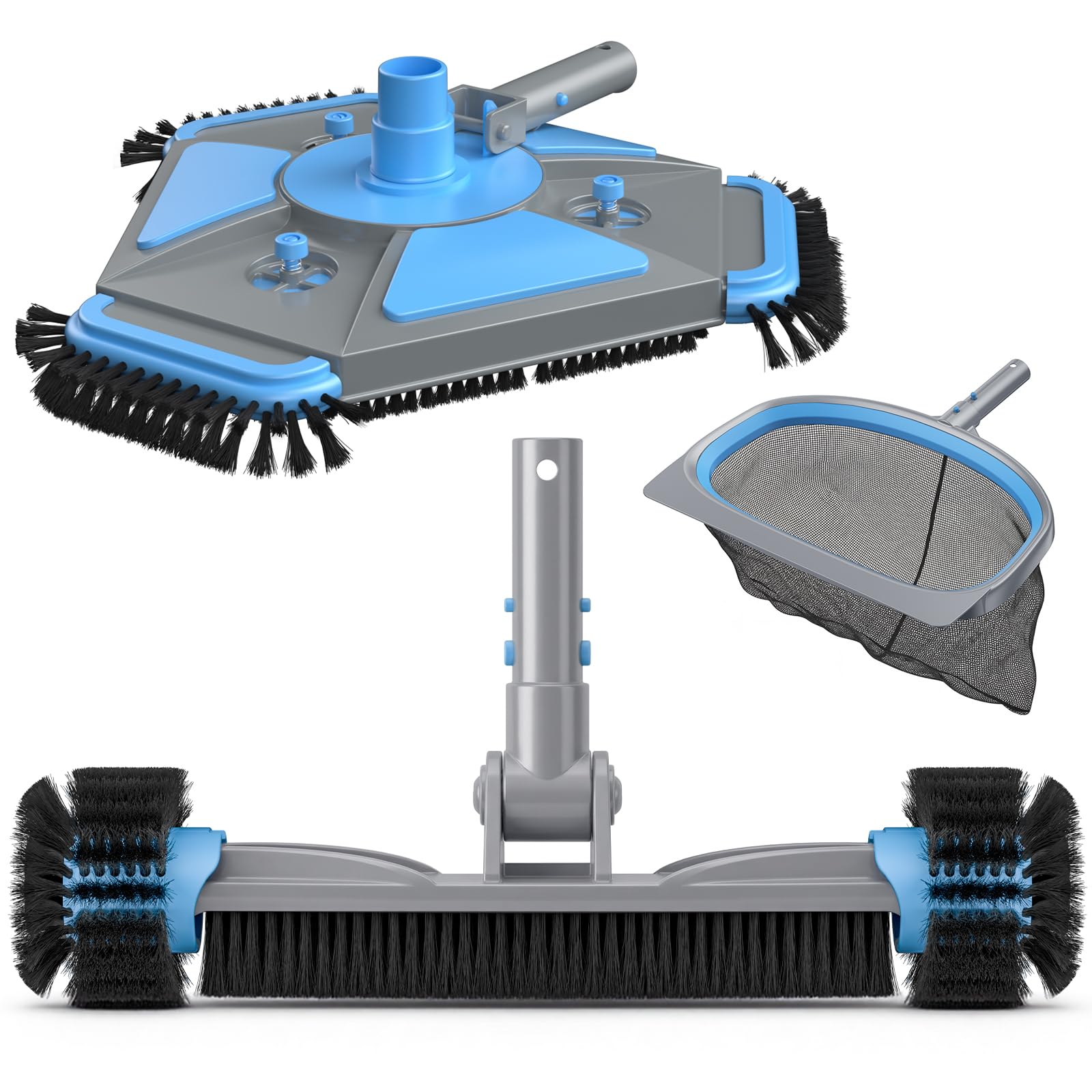 Photo 1 of UIRWAY 3-in-1 Deluxe Swimming Pool Cleaning Kit - Includes Upgrade Heavy Duty Triangular Pool Vacuum Head, Detachable Brush, Deep Leaf Skimmer Net Inground & Above Ground Pools Cleaning(No Pole)