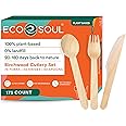 ECO SOUL 100% Compostable Wooden Cutlery Set – 175 Pcs [75 Forks, 50 Knives, 50 Spoons] Eco-Friendly Disposable Birchwood Utensils Set – Biodegradable Flatware for Parties, Weddings, Camping & Picnic