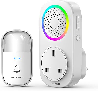 TECKNET Wireless Door Bell Self Powered, Plug Through, RGB Light, 60 Chimes