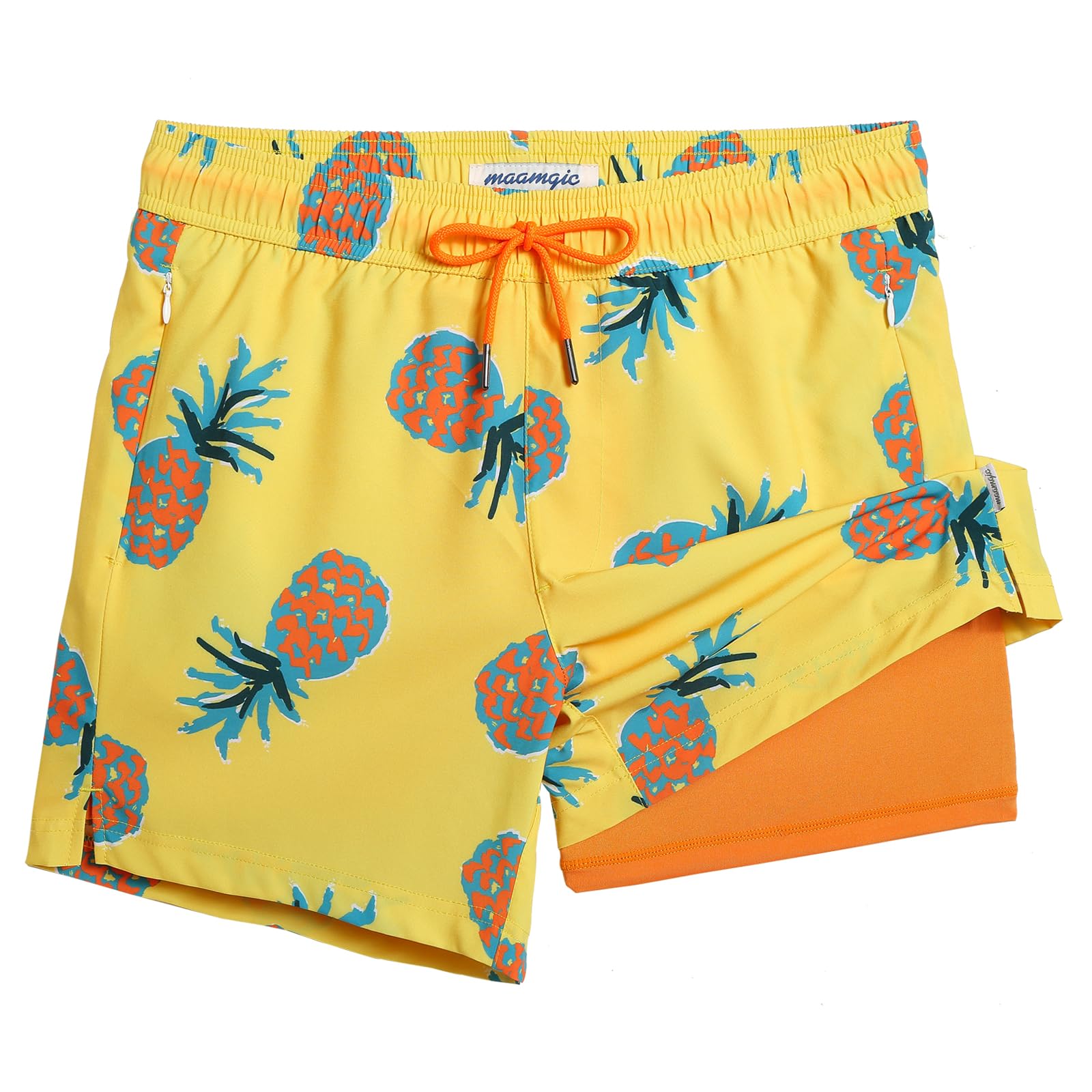 maamgic Mens Swim Trunks with Compression Liner 5 Inch, Quick Dry Bathing Suit with Zipper Pockets, Stretch No-Chafing Swim Shorts, Yellow-Orange Pineapple Small Image
