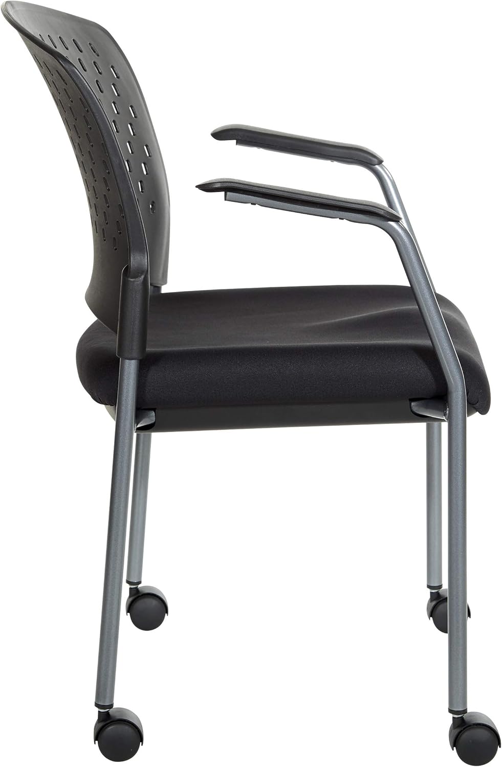 Office Star ProGrid Ventilated Plastic Back Deluxe Stacking Visitor's Chair with Titanium Finish Frame and Casters, Black: Furniture & Decor