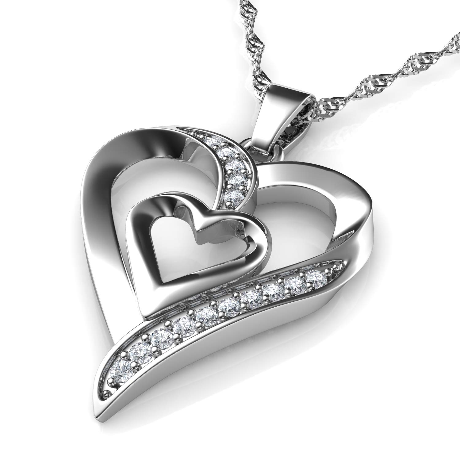 DEPHINI - Heart Necklace - 925 sterling silver Double Hearts Pendant - Cubic Zirconia - Jewellery for Women (White) — image 1