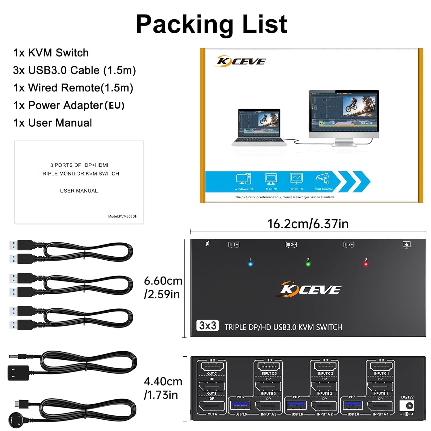 KVM Switch 3 PC 3 Monitore 8K@60Hz,MLEEDA HDMI Displayport KVM Switch Triple Monitor für 3 PC Teilen 3 Monitors und 4 USB3.0-Geräte, mit 12V DC Netzteil,Verdrahtet Fernbedienung und 3 USB-Kabel 9