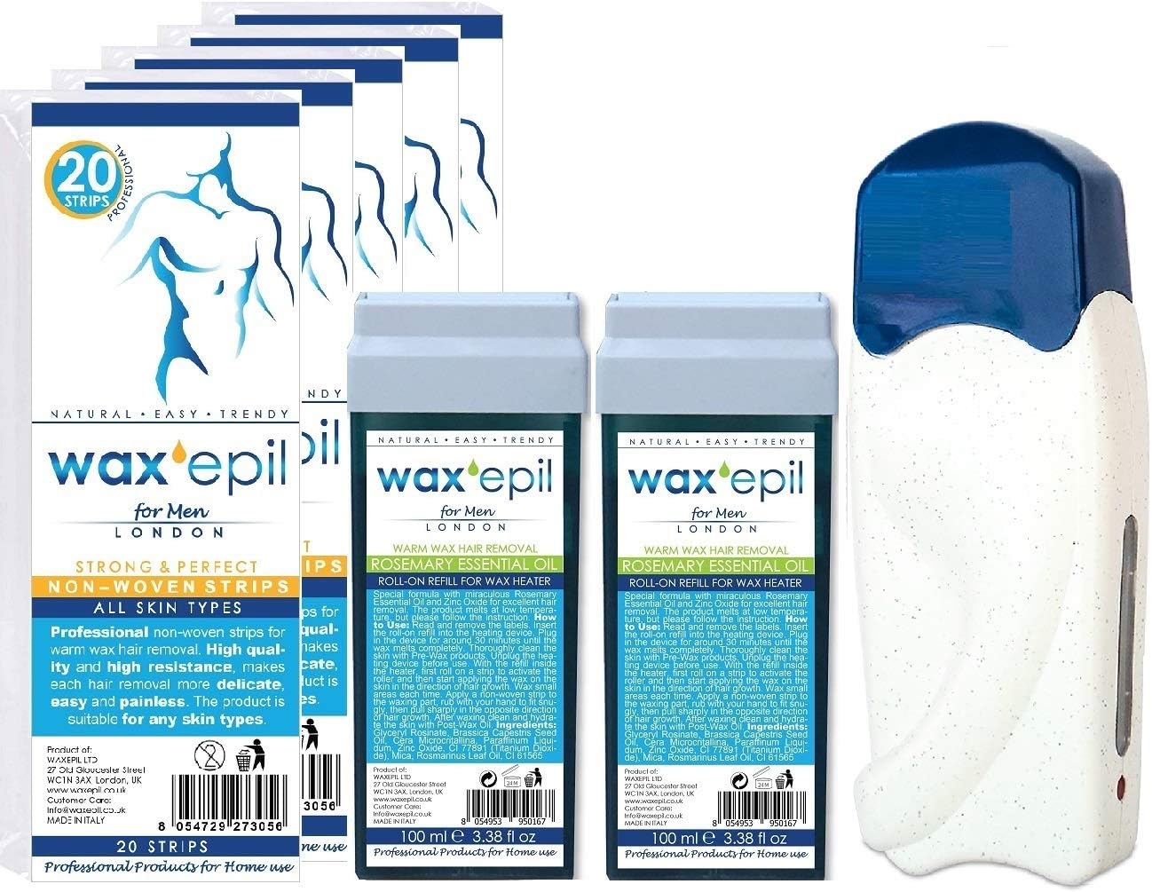 New! WAXEPIL"100% NATURAL" wax roll-on refill KIT 3*ROSEMARY ESSENTIAL OIL* Waxing LARGE Area, MEN,TATTOO roller cartridge hair removal roll on - 3 roll-ons +1 warmer +GIFT 1 After-Wax Oil & 40 strips