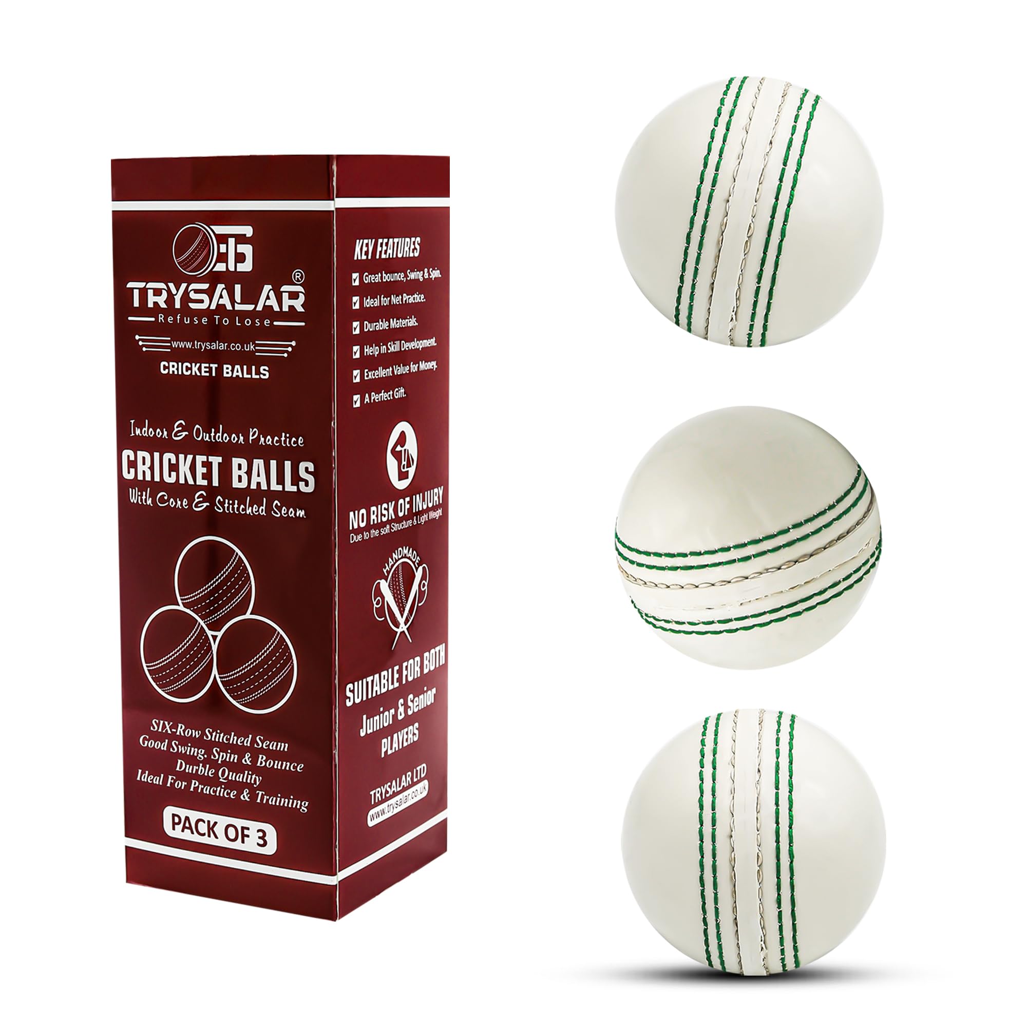 TrySalar® Soft Cricket Rubber Ball Indoor for Junior Youth Adult Training, Coaching, Practice Excellent Bounce with Durable Traditional Seams Stitched Outdoor (Pack of 3 White)