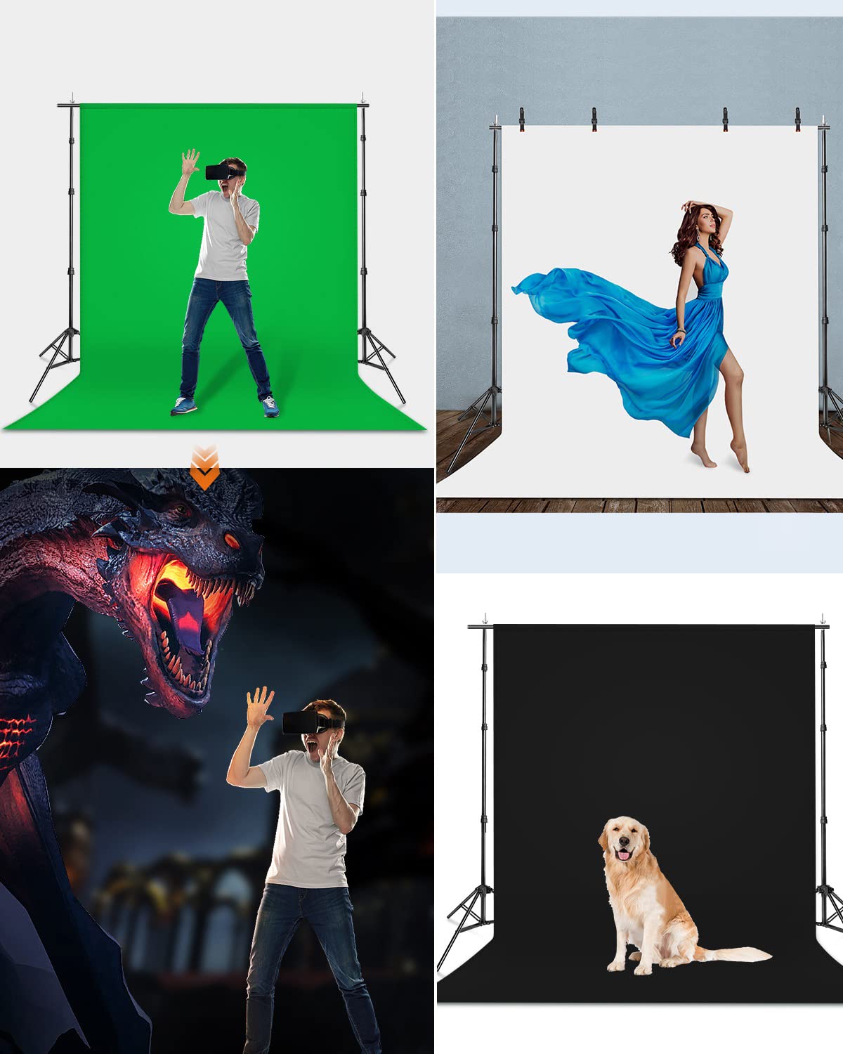 Yesker Backdrop Stand with Backdrop Kit 3 Muslin White Black Green Screen Backdrops 8.5x10 ft Background Stand Support System for Portrait,Product Photography and Video Shooting