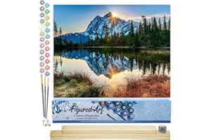 Figured'Art Paint by Numbers for Adults Lake and Mountain Reflection 16"x20" - Craft Art Painting Rolled Canvas with DIY Wooden Frame