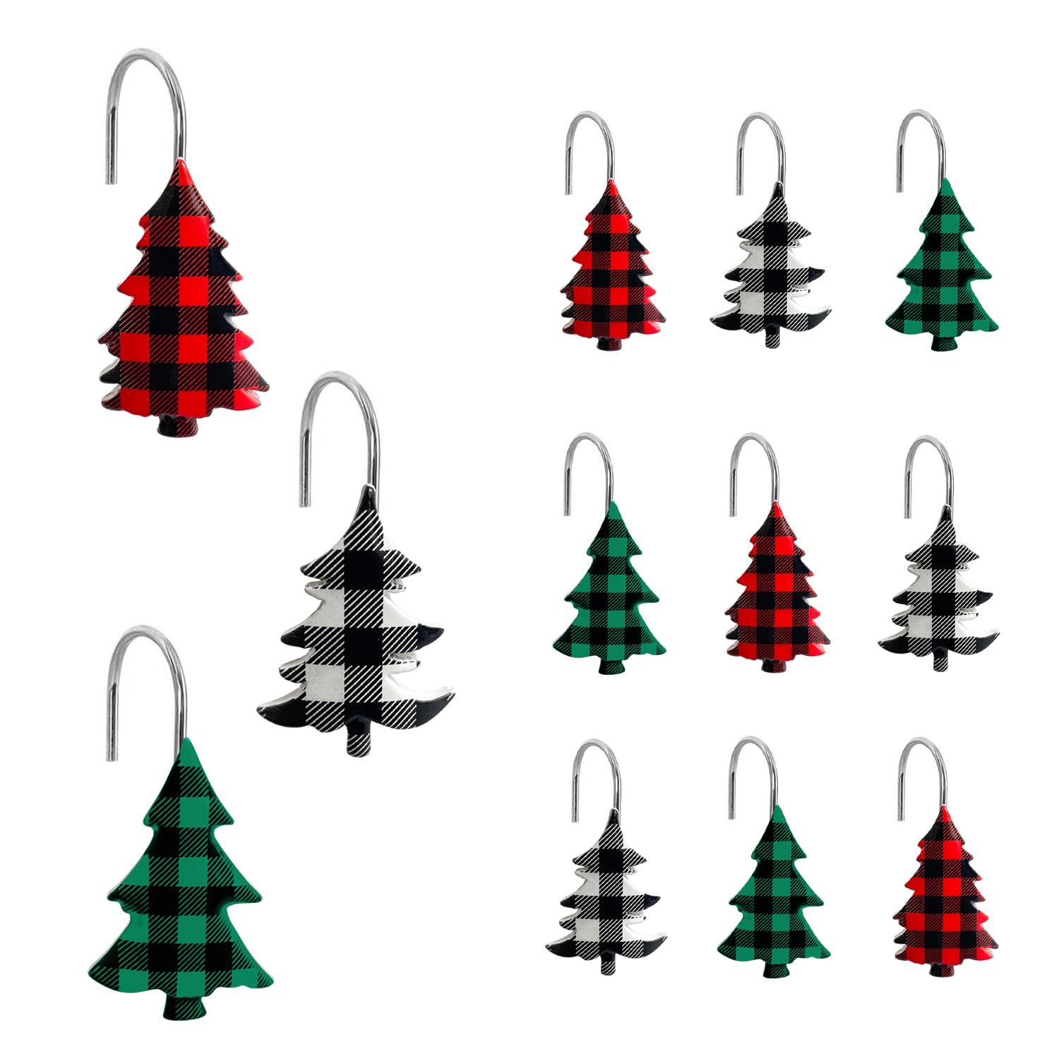 Photo 1 of 12PCS Christmas Shower Curtain Decor Hooks, Buffalo Plaid XmasTree Stainless Steel Metal Rustproof Hooks, Cute Shower Curtain Rings Bathroom Accessories