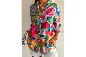 Retro Floral Print Women's V Neck Boho Button Down Shirt Casual Button Front Long Sleeve Mother's Day Hawaii Beach Vacation