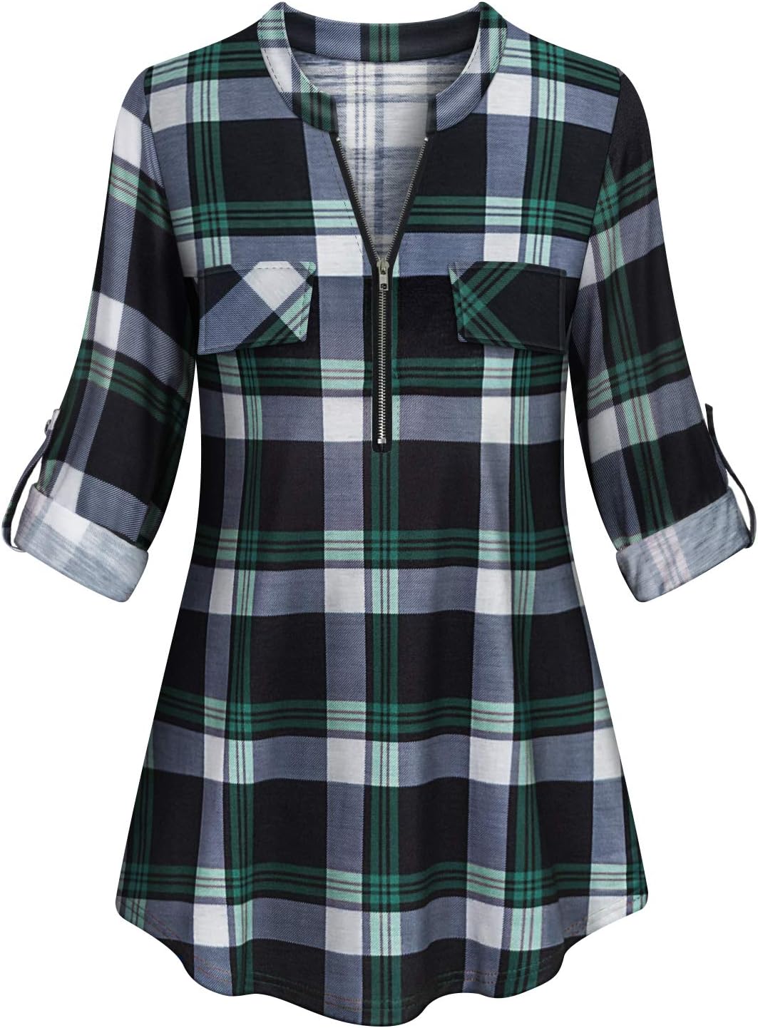 Tanst SkyWomens Casual Long Sleeve Zipped V Neck Plaid Tunic Blouses