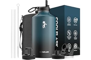 Coolflask 128 oz Gallon Water Bottle Insulated with Straw&3 Lids, Water Jug Large Stainless Steel Metal Vacuum Wide Mouth for Sports, Gym or Office, BPA-Free Keep Cold 48H Hot 24H, Samurai Cyan