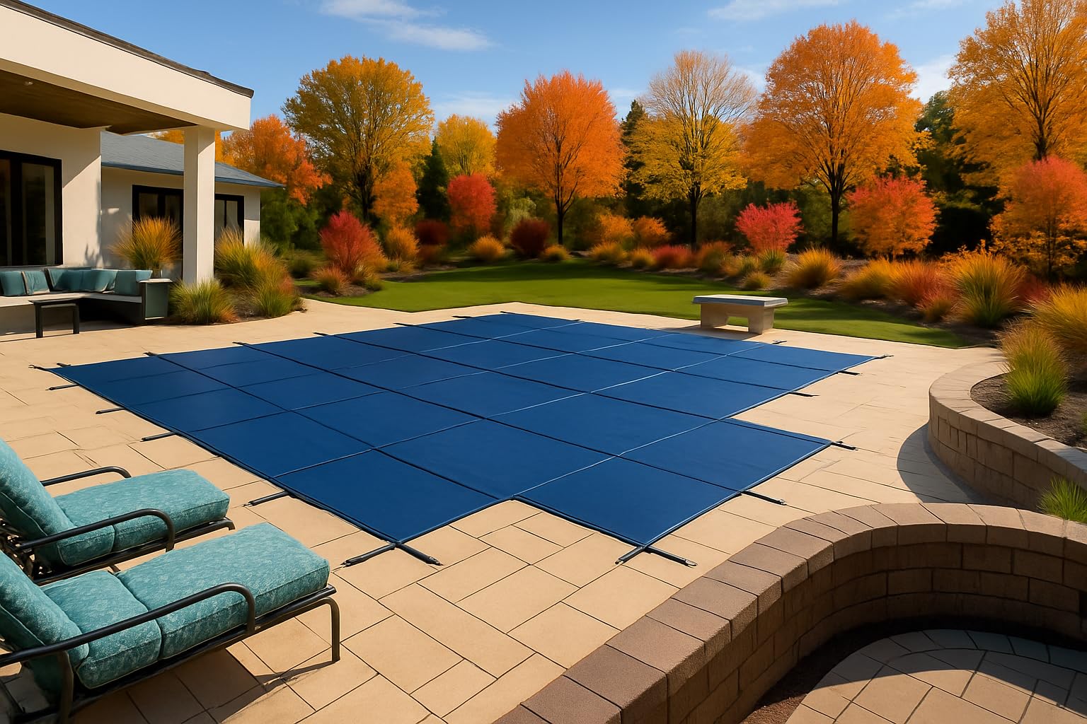 Photo 1 of WaterWarden Pool Safety Cover for 16' x 34' Inground Pool With 2' Right Offset 4'x8' Step, 15-Year Warranty, UL Classified to ASTM F1346, Triple Stitched for Max Strength, Hardware Included, Blue Mesh