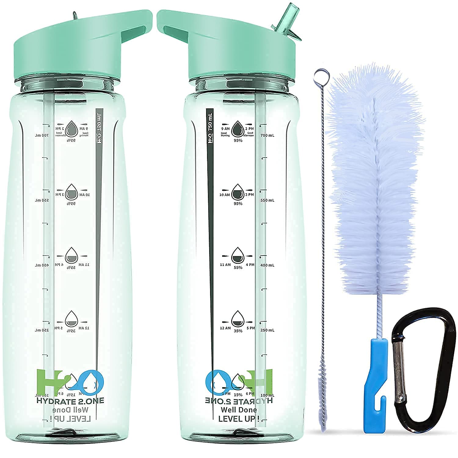 Water Bottle with Straw - Leakproof Adult Plastic Bottle - Motivational Time Markings To Drink - BPA Free Sports Drinks Bottle for Gym, Men Women Kids - Reusable Drinking Bottle 750ml (Mint Green)