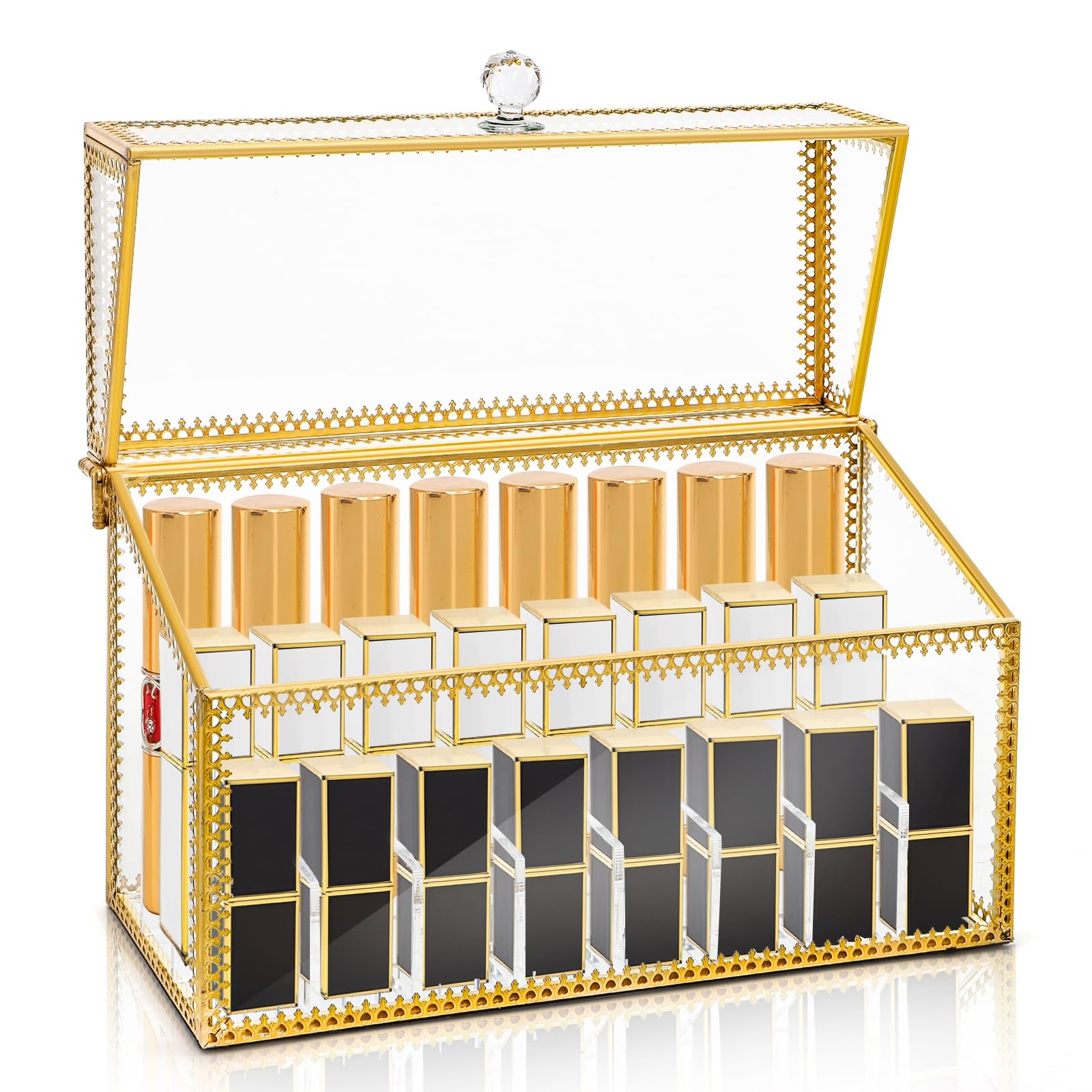 Photo 1 of Pumtus 24 Slots Lipstick Organizer Holder, Dustproof Tempered Glass Lipgloss Display Case, Vintage Clear Perfume Box with Lid & Removable Divider, Versatile Luxury Vanity Makeup Rack for Cosmetics