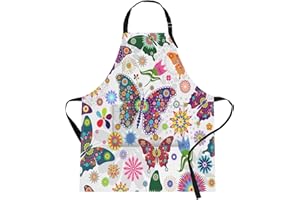 Britimes Apron Home Kitchen Cooking Baking Gardening for Women Men With Pockets Floral Colorful Butterflies Flowers Romantic 32x28 inch