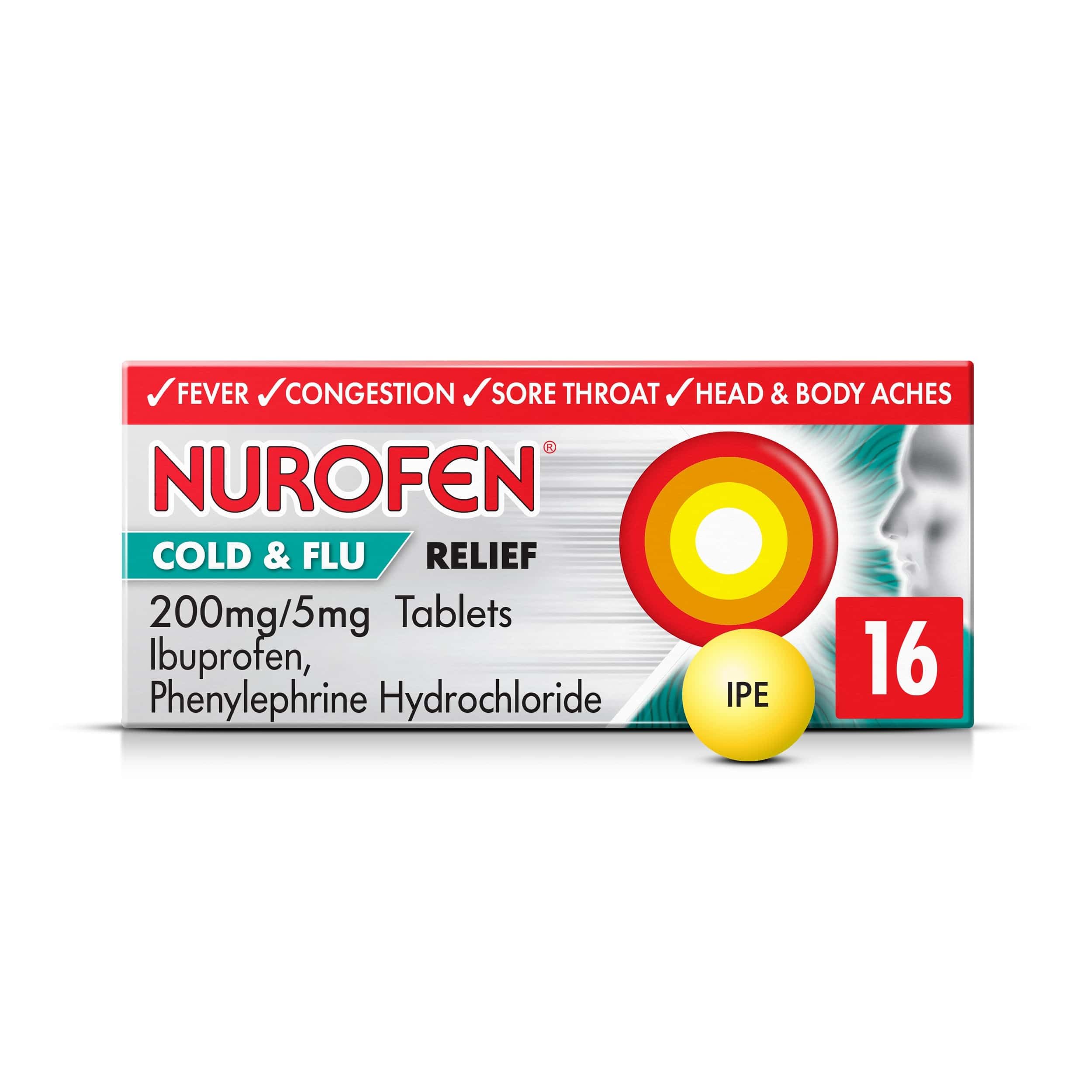 Nurofen Cold & Flu Tablets 200mg/5mg, 16 Pack - Sinus, Sore Throat, Congestion, Nasal Relief, Up To 8 Hours, Over-The-Counter Medication