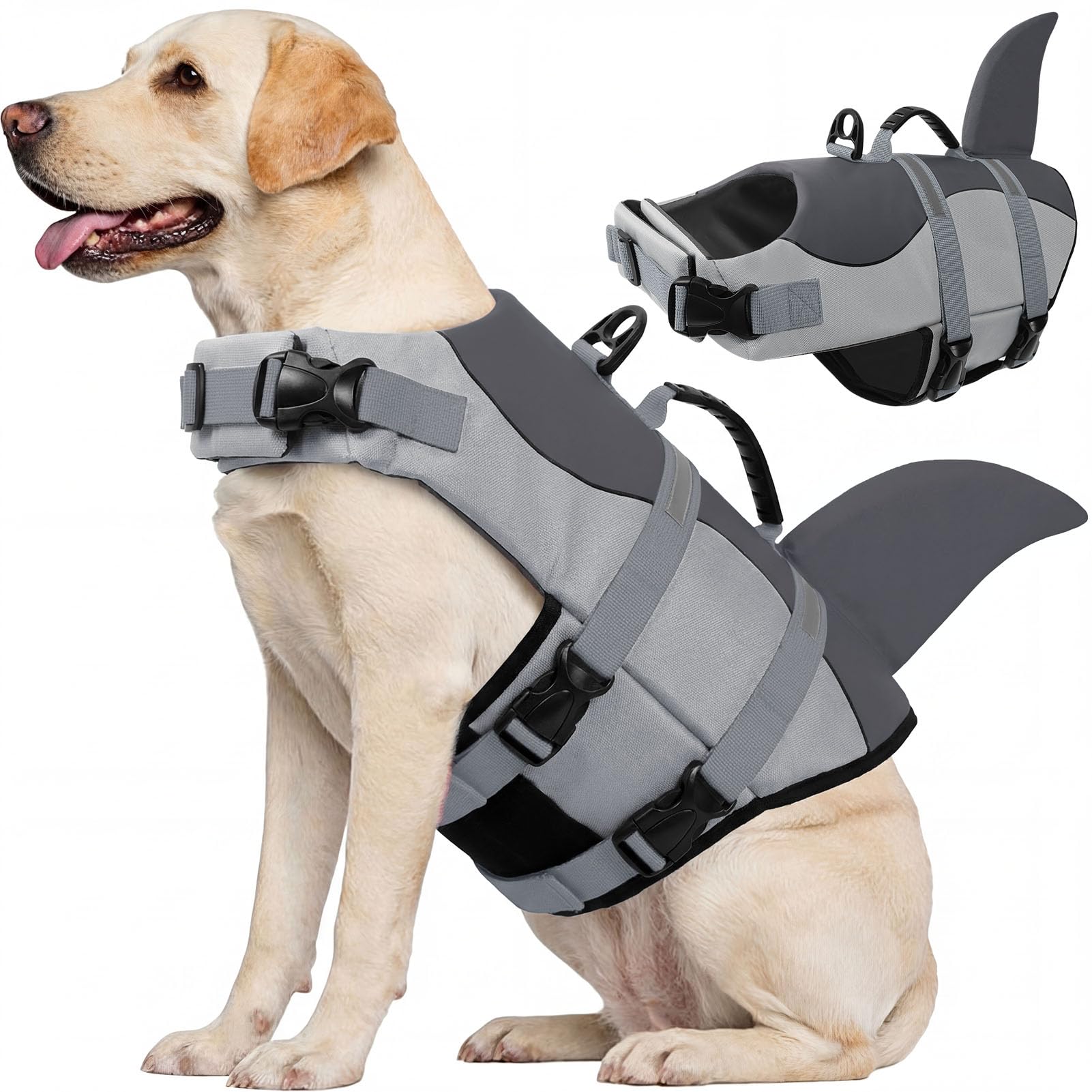 CITÉTOILE Dog Life Jacket Shark Costume, Puppy Safety Vest for Swimming Pool Beach Boating, Training Flotation Vest with Rescue Handle & Reflective Strips for Dogs, Grey, XL