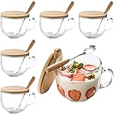 Sliner 6 Sets 16 oz Large Glass Coffee Mugs Gifts with Bamboo Lids Spoons Handle Vintage Clear Glass Tea Cups Jumbo Cute Coffee Bar Accessories for Hot Cold Iced Beverage Glassware