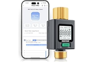 RESTMO Smart Water Flow Meter with Brass Inlet & Outlet, Measuring Gallon/Liter Consumption & Flow Rate for Garden Hose Water