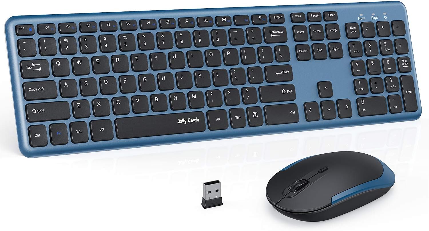 Wireless Keyboard and Mouse, Jelly Comb 2.4GHz Ultra Thin Full Size Wireless Keyboard Mouse Combo Set with Number Pad for Computer, Laptop, PC, Desktop, Notebook, Windows 7, 8, 10 (Sapphire Blue): Computers & Accessories