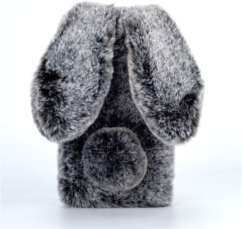 Compatible with iPhone XR Rabbit Furry Fur Case,LittleLTD Handmade 3D Bunny Ears Soft Warm Fluffy Plush Phone Cover Crystal Diamond Design Shockproof Protective Skin Shell,Dark Grey