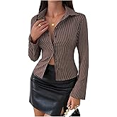 SweatyRocks Women's Striped Collar Long Sleeve Slim Fit Button Down Shirts Work Blouse