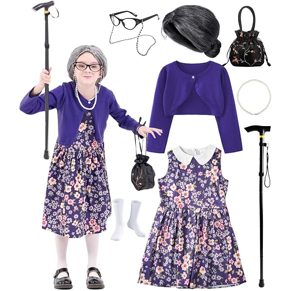 ZeroShop 100th Day Of School Old Lady Costume For Kids – Granny Dress, Wig, Glasses, Cane & Accessories (10-Piece Set)