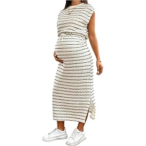 Milumia Women's Striped Maternity Dress Tie Front Pregnancy Midi Dresses | Cap Sleeve, Crew Neck, Side Slit, Daily Wear, Vaca
