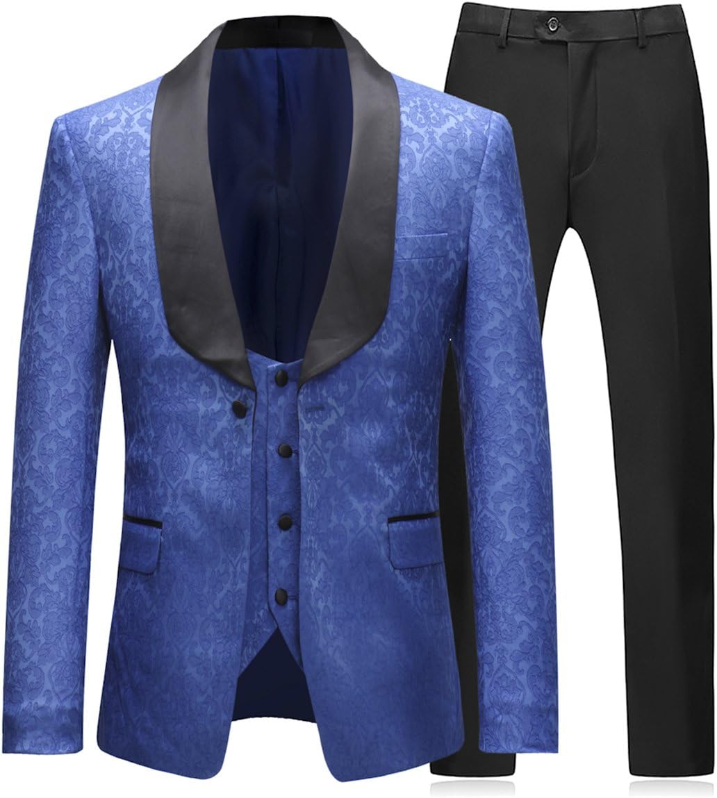 Mens 3 Piece Tuxedos One Button Wide Shawl Lapel Formal Suits Black Tie