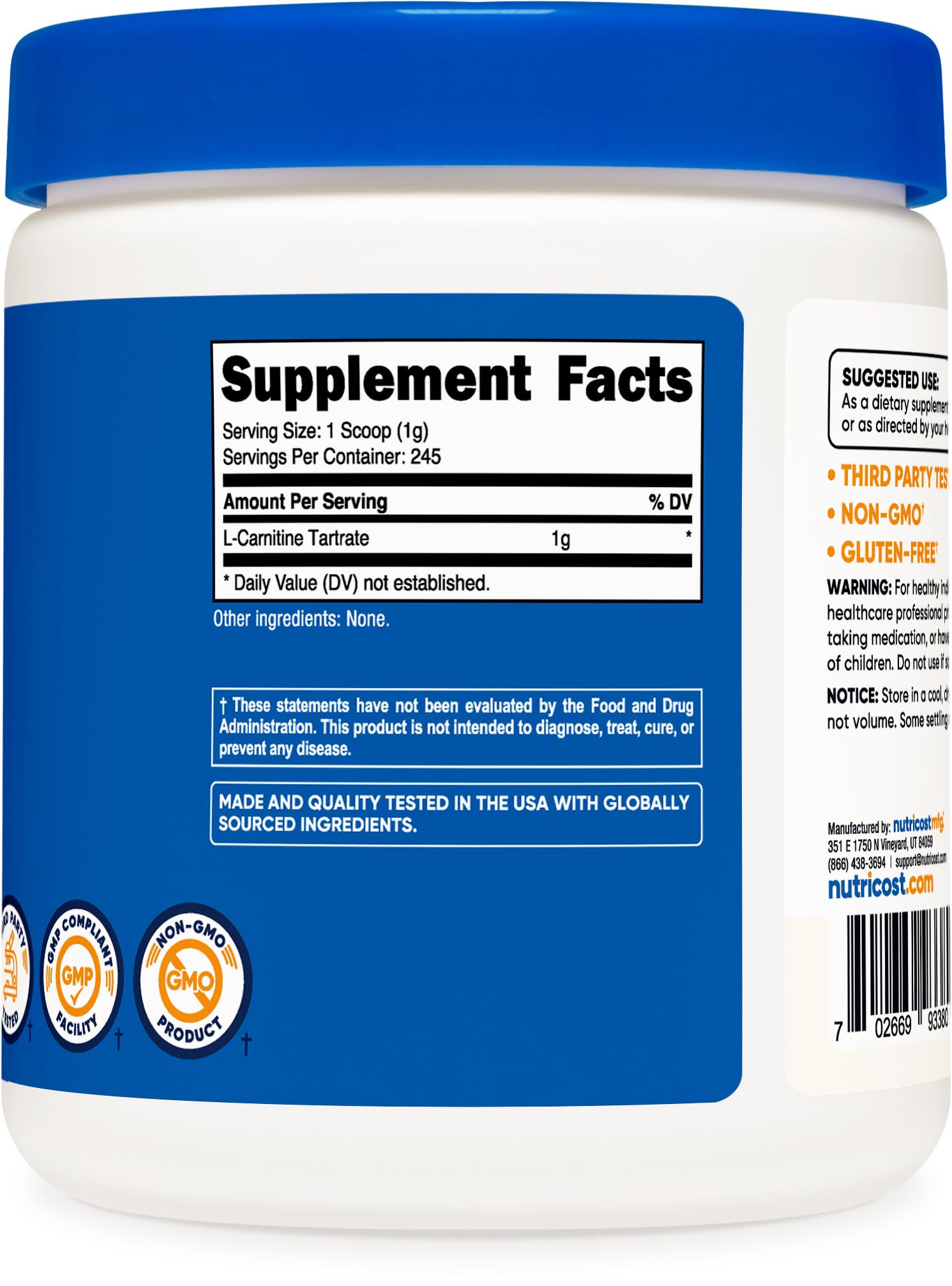 L-carnitine Supplement L-Carnitine Tartrate 500mg - 120 Capsules, Non-GMO,  Gluten Free, No Stearates L Carnitine 1000 Mg