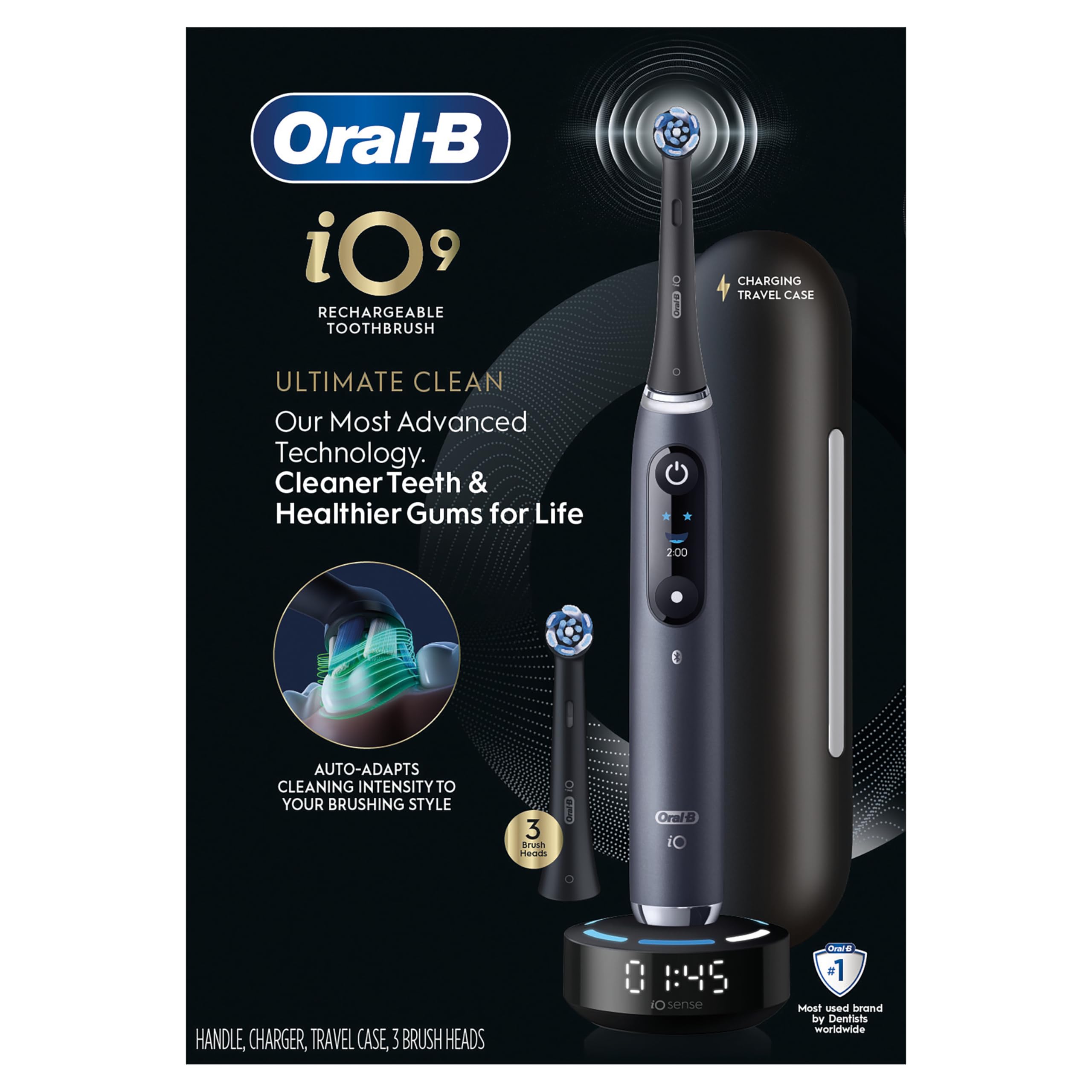 Oral-B iO Series 9 Limited Rechargeable Black Electric Toothbrush with (2) Ultimate Clean and (1) Gentle Care Replacement Brush Heads, Black, Travel Case and Charger