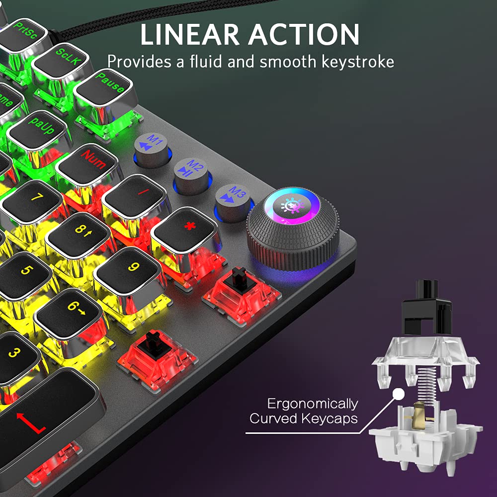 Fiodio Mechanical Gaming Keyboard, LED Rainbow Gaming Backlit, 104 Anti-ghosting Keys, Quick-Response Black Switches, Multimedia Control for PC and Desktop Computer, with Removable Hand Rest