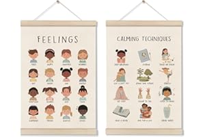 DOI-LANEE Feelings Chart, Emotions Learning Posters for Toddler, Mental Health Posters Hanger Frame, Set of 2 Kids Montessori Educational Artwork, Canvas Wall Art Decor for Counseling Office 16x12 Inch