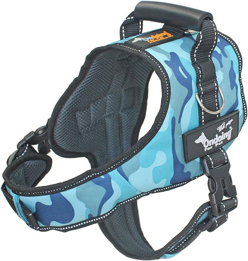 Kingcoowi Dog Vest Harness+Dog Leash Pet Chest Strap Night Light Reflective Rope Dog Leash Adjustable Dog Harness Dog Body Padded Vest (L, Camouflage Blue)