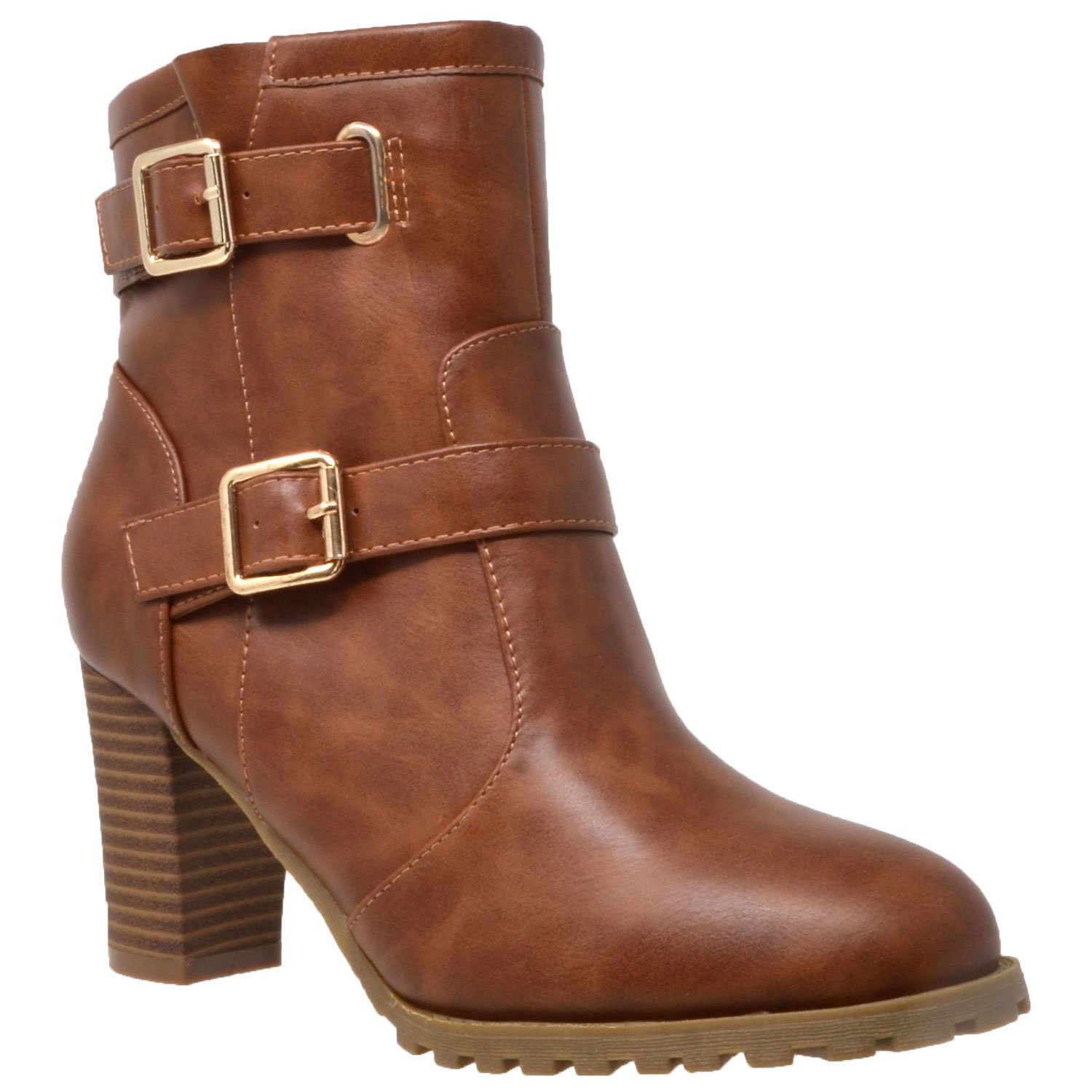 KS & CO Womens Ankle Boots Adjustable Gold Buckle Strap Stacked Chunky