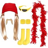 Kyson Halloween Wrestler Costume Kit Red Feather Boa Fake Mustaches Bandana with Wig Wristband Sunglasses for Cosplay Party