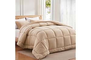 Mosluna Queen Size Comforter Set, 3 Piece All Season Bedding Sets, Bed Set with 1 Down Alternative Duvet Insert 90×90 Inches and 2 Pillow Cases (Queen, Beige)