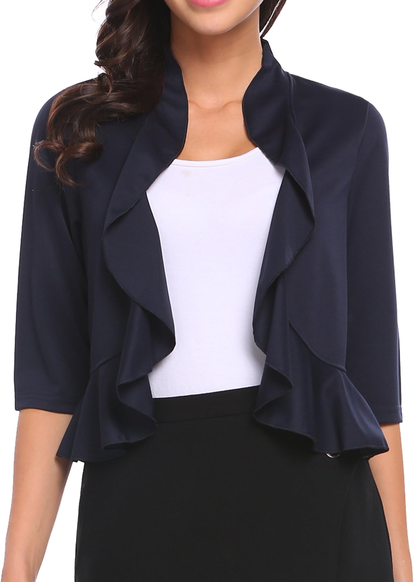 Women's Half Sleeve Ruffle Design Cropped Bolero Shrug Open Front Cardigan