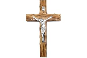 Zuluf 6.3" Olive Wood Catholic Cross with Silver Plated Crucifix Christian Gift from Holy Land Bethlehem CRS065
