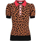 OXKNIT Women's Knit Polo Shirts Short Sleeve, 1960s Mod Style Vintage Leopard Print Brown Tops with Quarter Button